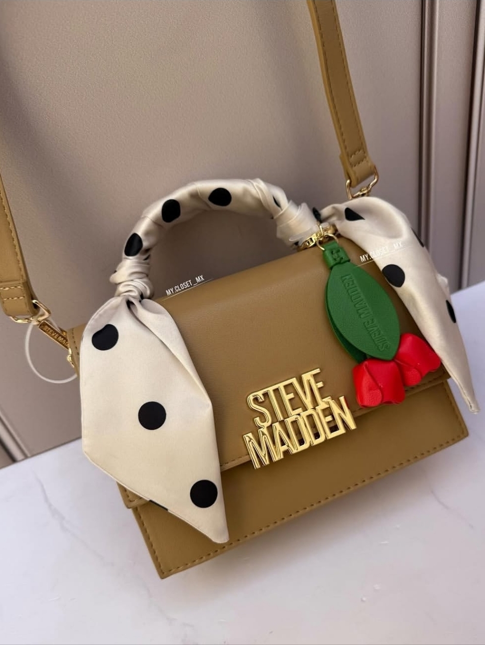 Steve Madden Tan Crossbody Bag with Polka Dot Scarf and Red Charm - Picture 3 of 3